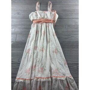 Vintage Jody of California Floral Maxi Dress Peach Lace Trim Prairie Cottagecore